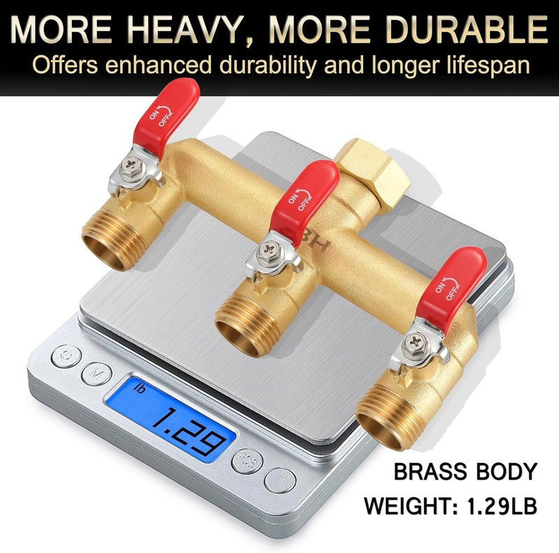 EBH Garden Hose Splitter, 3-Way High Flow Heavy Duty Brass Outdoor Hose Manifold with Long Handles Full Flow Faucet Adapter- 3/4” GHT(RED) - Image 4